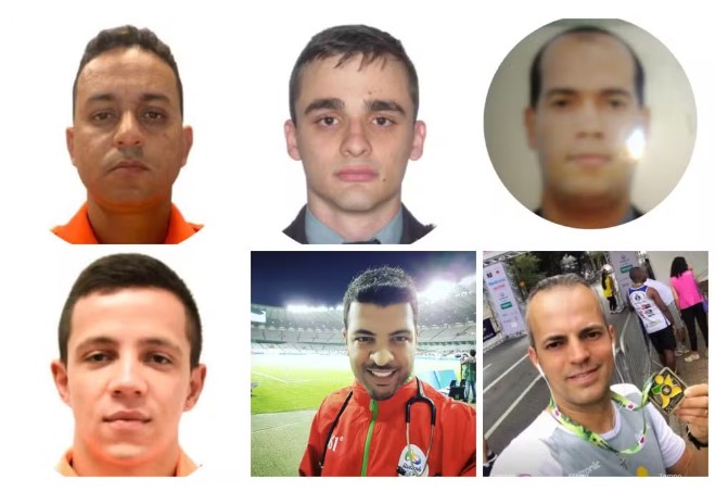 Montagem de fotos com Wilker Tadeu Alves da Silva, Victor Stehling Schirmer, Welerson Gonçalves Filgueiros, Gabriel Ferreira Lima e Silva, Marcos Rodrigo Trindade e Bruno Sudário França — Foto: Corpo de Bombeiros de MG + Instagram/ Reprodução + Redes sociais